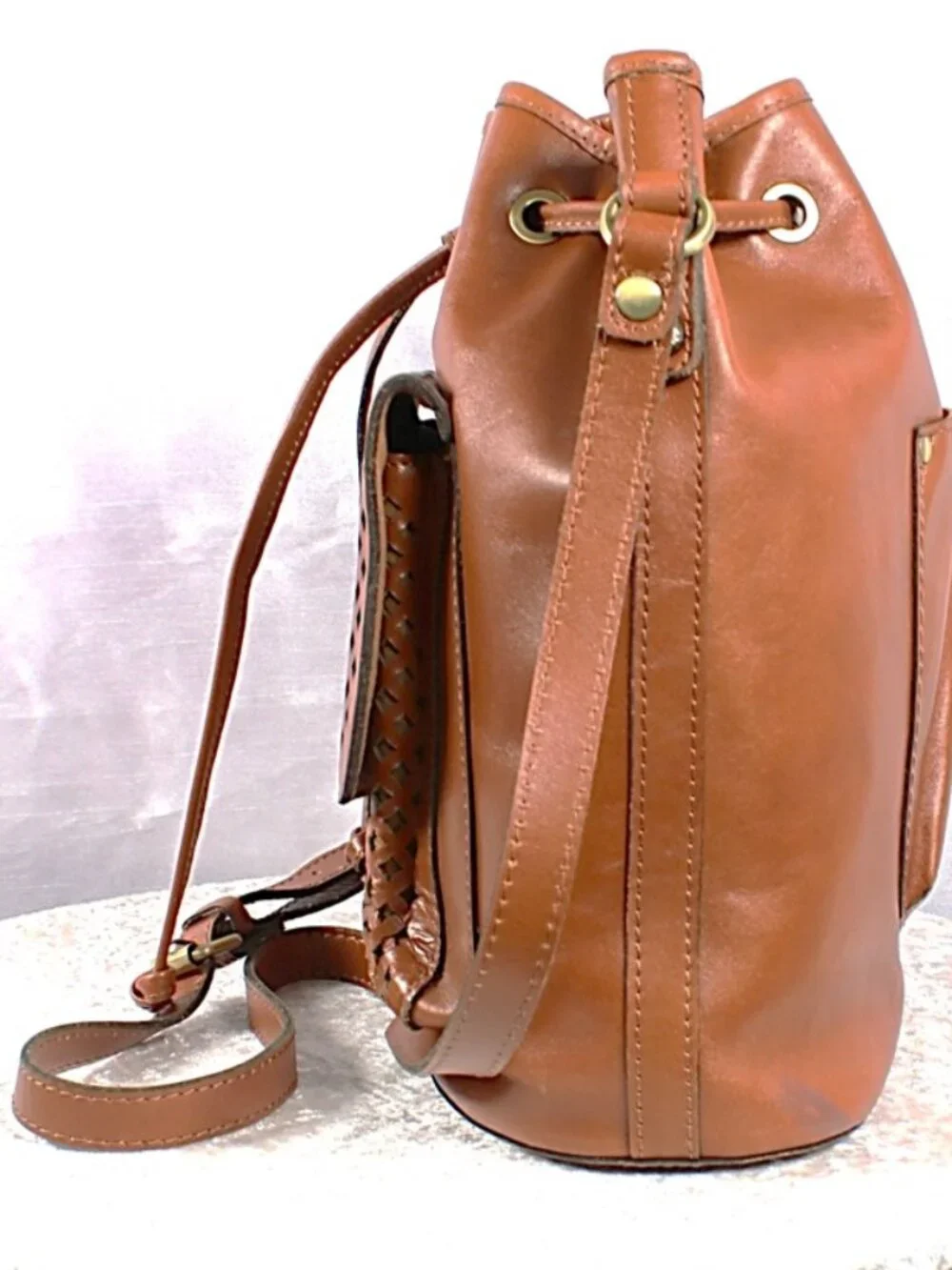 Patricia Nash Cognac Leather Bucket Crossbody Bag, Coin Purse + Duster
